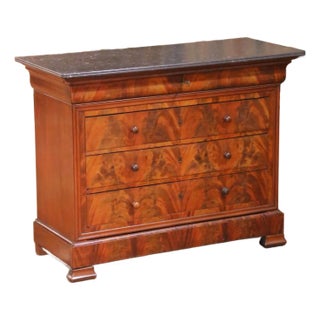 19th Century Louis Philippe Burled Mahogany Five-Drawer Chest With Marble Top For Sale