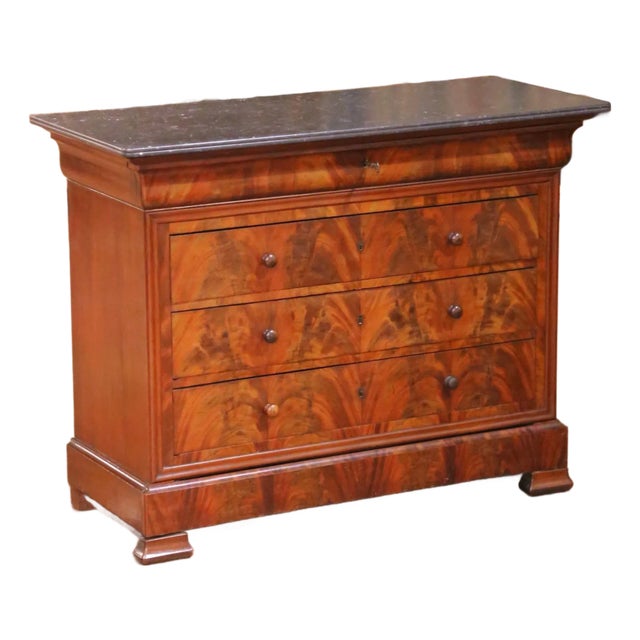 19th Century Louis Philippe Burled Mahogany Five-Drawer Chest With Marble Top For Sale