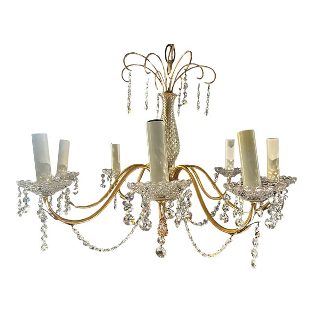 Mid-20th Century Eight Arm French Brass and Crystal Chandelier, Circa 1950 For Sale