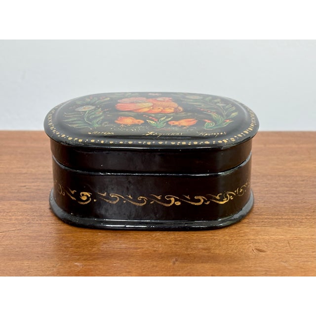 Beautiful small 1980s Russian trinket box hand-painted with a mother hen and her chicks. Decorative and functional....