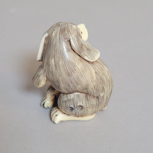 Ivory Pair of Carved Faux Ivory Dog Netsuke-Style Miniatures For Sale - Image 8 of 9