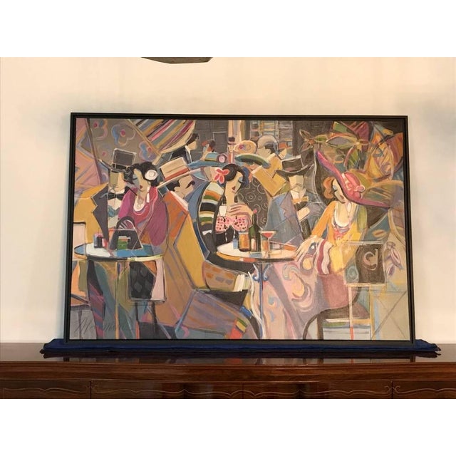 Original Isaac Maimon "Sharing Great Times" acrylic on canvas. Image size 47 x 70.5.