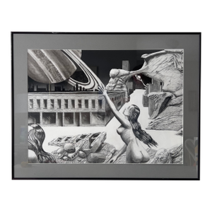 Framed Black and White Original Sketch Neptune and Nude Maiden, Sci-Fi Themed