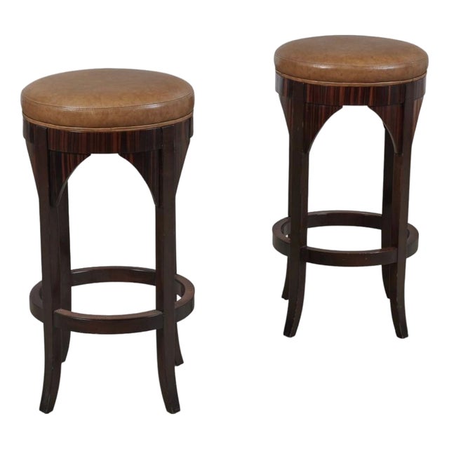Pair of Dessin Fournir Macassar Ebony & Leather Jansen Bar Counter Stools For Sale