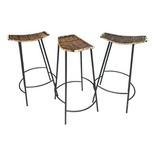 Set of Three Attributed to Arthur Umanoff Crescent Bar Stools — Iron & Wicker, C. 1960s For Sale