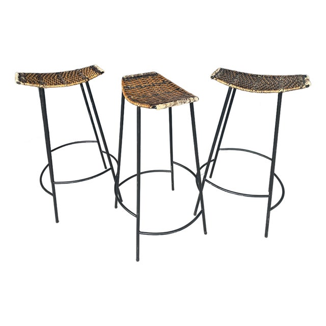 Set of Three Attributed to Arthur Umanoff Crescent Bar Stools — Iron & Wicker, C. 1960s For Sale