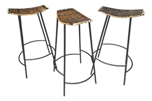 Set of Three Attributed to Arthur Umanoff Crescent Bar Stools — Iron & Wicker, C. 1960s