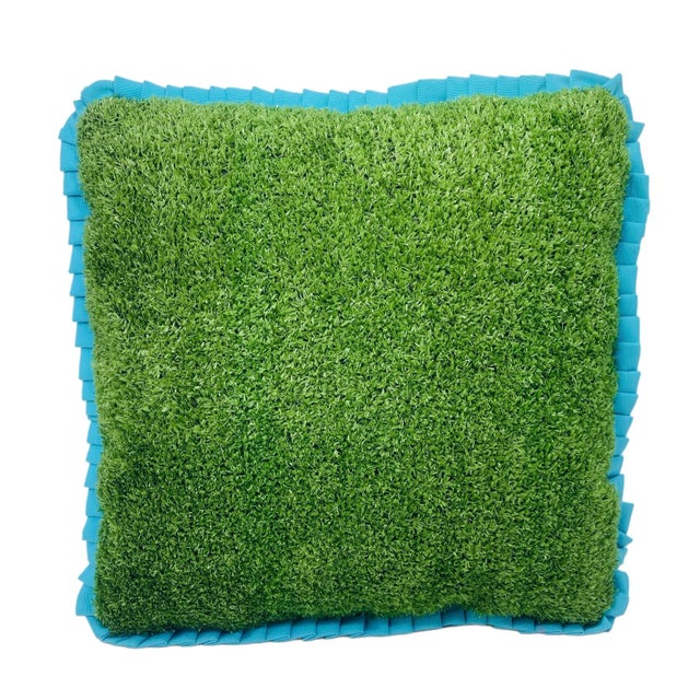 Modern Custom Handcrafted Artificial Turf Lumbar Pillow With Turquoise Ruffle - Large Square For Sale - Image 3 of 10