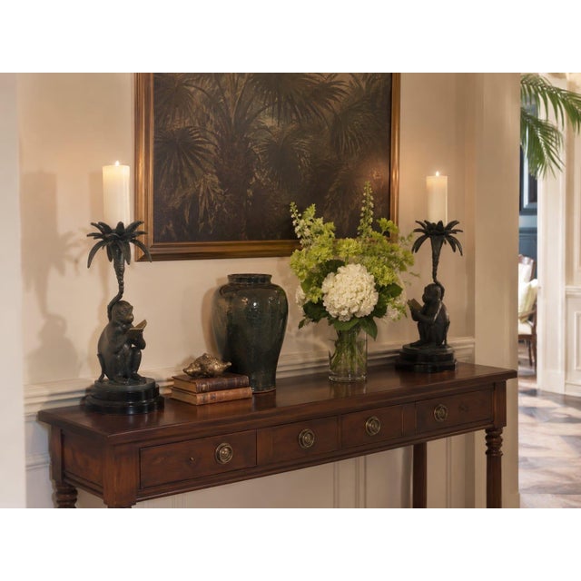 Metal Pair of Vintage Cast Metal "Reading Monkey" Palm Tree Candlesticks For Sale - Image 7 of 12