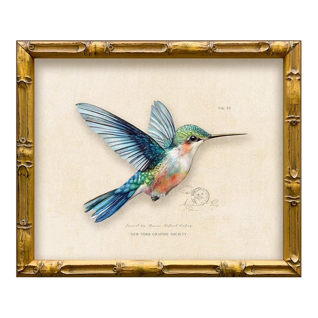 Reproduction Vintage "Garden Friends" Art Print Framed Blue Hummingbird For Sale