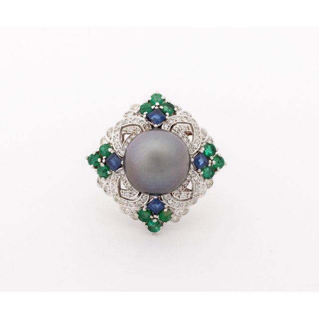Late 20th Century Art Deco Style 18k White Gold, Pearl, Multicolor Gemstone, and Diamond Ring For Sale - Image 5 of 9