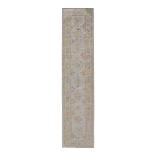 Turkish Oushak Runner in Ivory With Soft Green, Gold, and Coral 2'11 X 13'3 For Sale