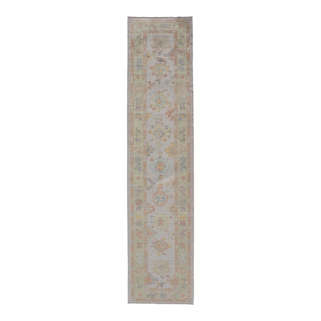 Turkish Oushak Runner in Ivory With Soft Green, Gold, and Coral 2'11 X 13'3 For Sale