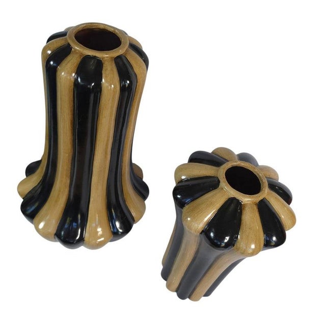 Early 21st Century Art Deco Hollywood Regency Black & Tan Fluted Ceramic Vase Pair For Sale - Image 5 of 16