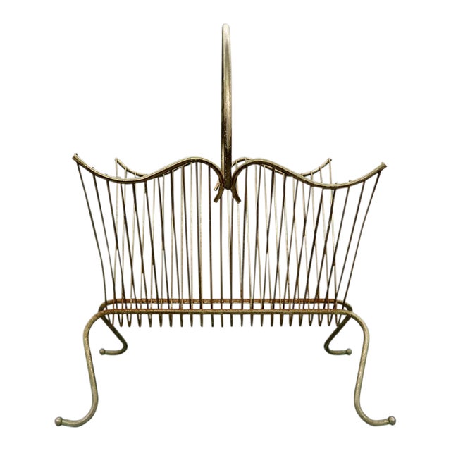 Vintage Mid-Century Brass-Tone Wire Magazine Rack For Sale