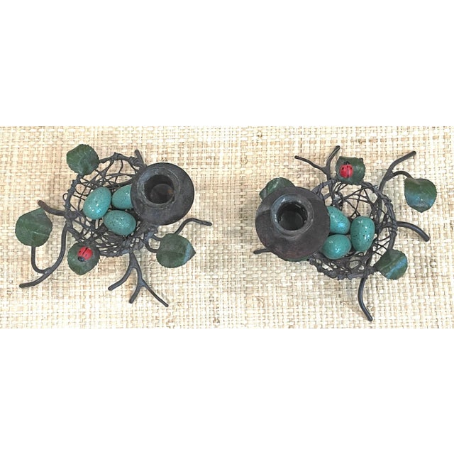 Green Pair Vintage Tole Bird Nest Candleholders With Eggs and Ladybug For Sale - Image 8 of 10