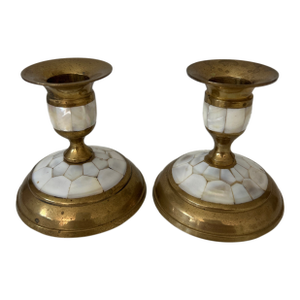 Vintage Brass & Mother-of-Pearl Candleholders – Set of 2