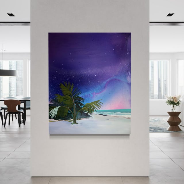 2010s "Tulum" by Javiera Da Fonseca Ilić, Tulum Mexico Tropical Coast, Dreamy Palm Tree Purple Sky, Caribbean Bohemian Landscape, Original Oil Painting For Sale - Image 5 of 9