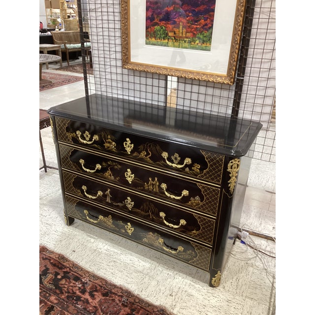 Hollywood Regency Vintage Hollywood Regency Chinoiserie Black Lacquer Commode For Sale - Image 3 of 5