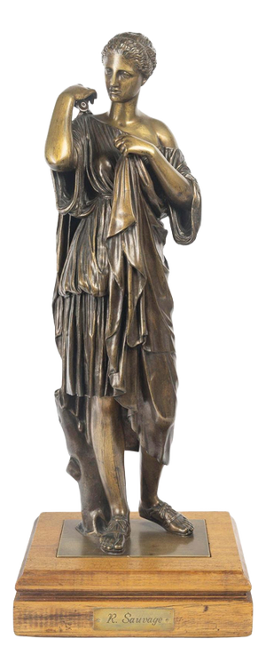 Sculpture of Diana, Early 20th Century, Patinated Bronze on a Wooden Base