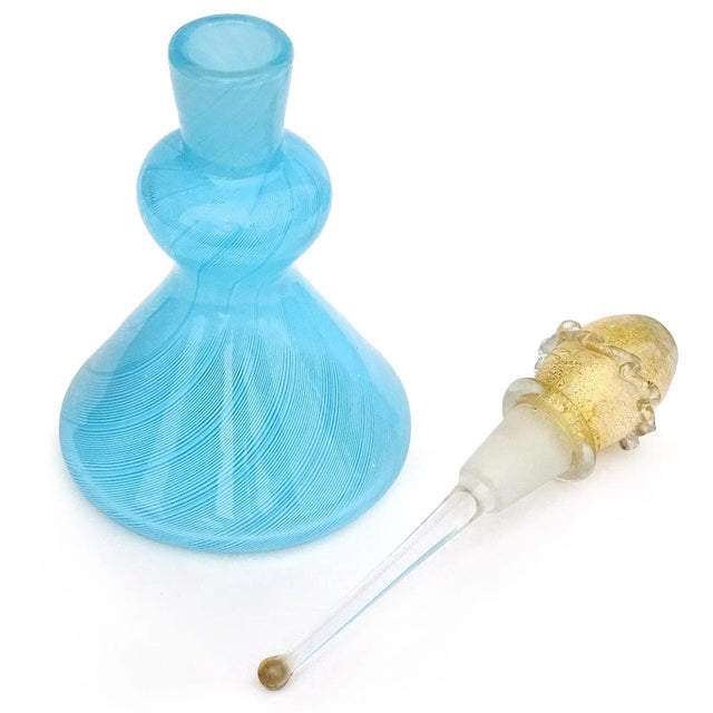 Murano Vintage Murano Blue Ribbons Gold Flecks Italian Art Glass Perfume Bottle Powder Box Vanity Set For Sale - Image 4 of 6