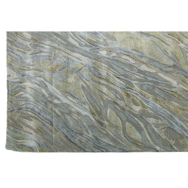 Blue Modern Abstract Rug – Hand-Tufted Wool & Viscose – Blue, Gold, and Grey For Sale - Image 8 of 10
