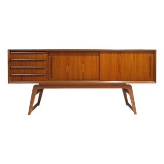 Mid 20th Century Danish Teak Credenza With Sliding Doors on Flared Legs For Sale
