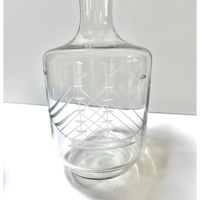 Mid-Century Nautical Etched Ship Glass Decanter With Cobalt Sailboat Dish - Coastal Barware Set For Sale In Louisville - Image 6 of 9