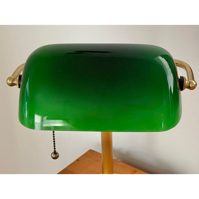 Art Deco Mid 20th Century Art Deco Emeraldite Shade Brass Banker Lamp With Ball Pull For Sale - Image 3 of 11