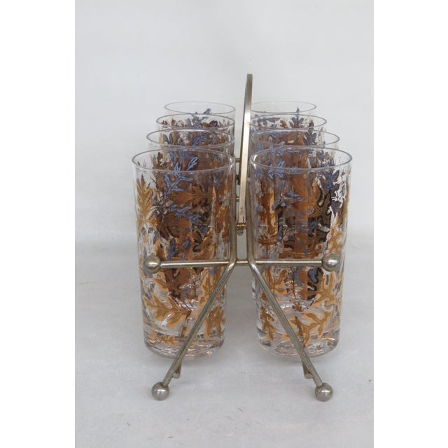 Gold Mid Century Highball 8 Glass Cups Gold Oak Leaf Acorn Pattern W Caddy 4439b For Sale - Image 8 of 16