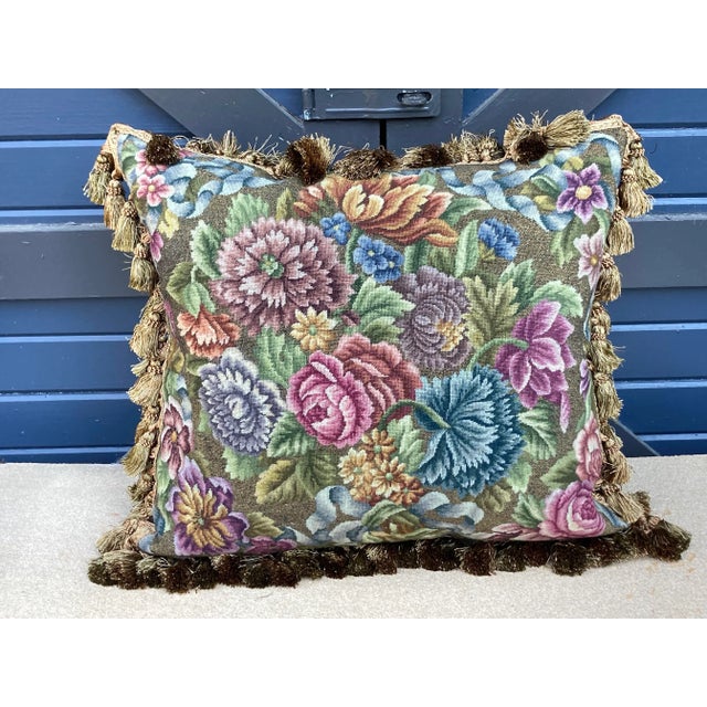 Vintage Metallic and Wool Needlepoint Floral Pillow For Sale In Philadelphia - Image 6 of 6