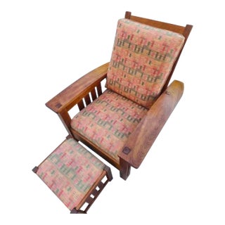 Vintage Stickley Cherry Wood Bow Slant Arm Morris Reclining Chair & Ottoman For Sale