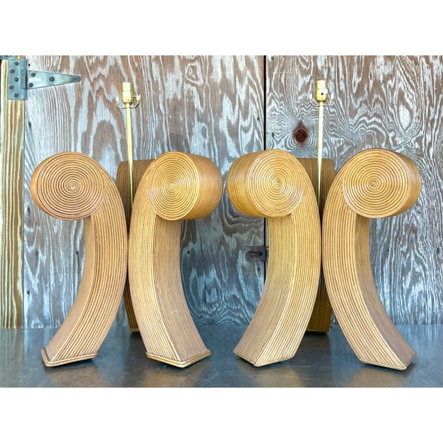 Vintage Late 20th Century Boho Pencil Reed Scroll Lamps - a Pair For Sale - Image 4 of 10