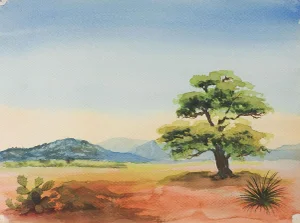 Vintage Mountain Desert Landscape Watercolor Painting