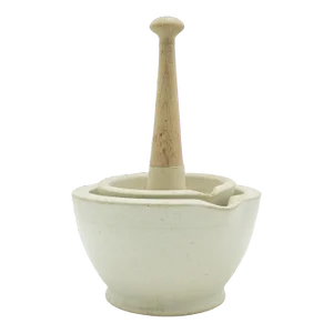 1890s Victorian Small Antique Mortar & Pestle Duo, English, Ceramic, Beech, Cookery