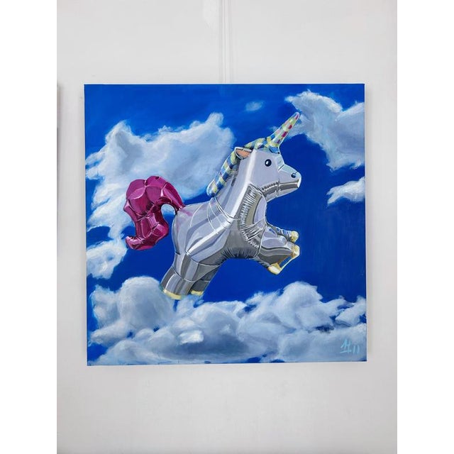 Plastic Sofía Cristina Jiménez, Silver Inflatable Unicorn in a Blue Sky Cloud Landscape, Acrylic Painting, 2024 For Sale - Image 7 of 9