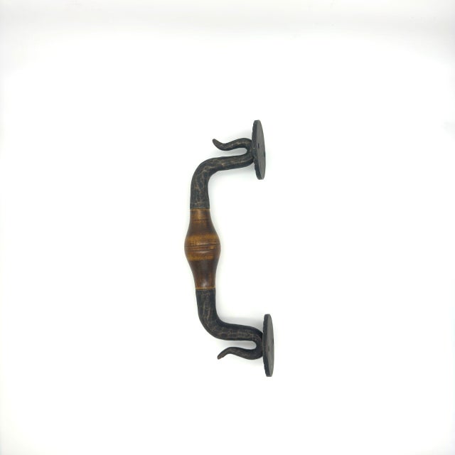 Hand-Forged Wrought Iron Door Pull (Wood Grip & Gold Patina) Deep Curved Entry Hardware For Sale - Image 4 of 5