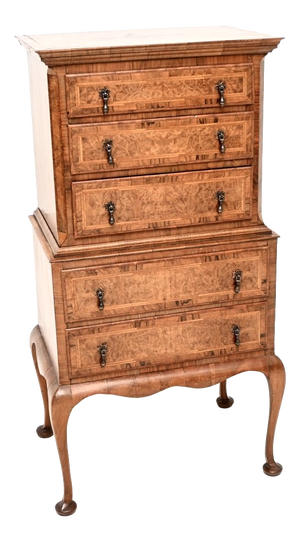 Antique Burr Walnut Chest on Chest of Drawers, 1890