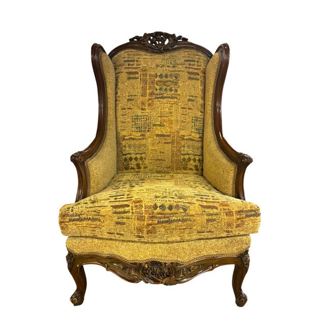 French Pair of Louis XV Style Carved Wing Back Lounge Chairs, a Pair For Sale - Image 3 of 11