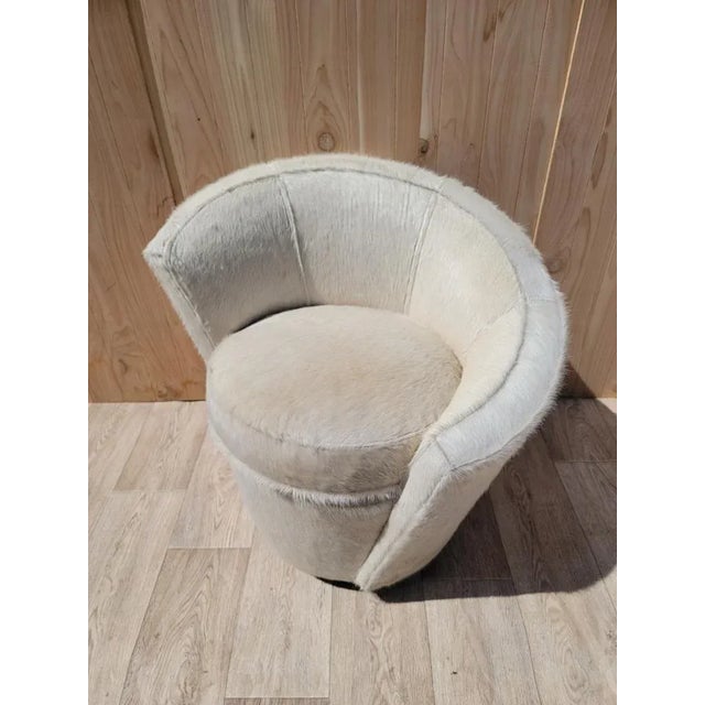 Animal Skin Mid Century Modern Vladimir Kagan Style Asymmetrical Swivel Chair Newly Reupholstered in Cowhide For Sale - Image 7 of 11