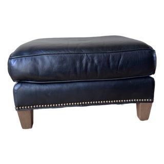 Lee Industries Custom Colonnade Blue Leather Ottoman With Nailhead Trim For Sale