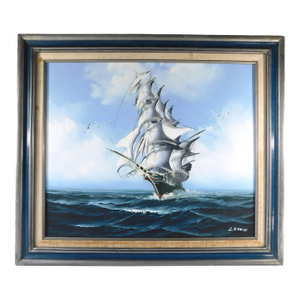 Vintage Mid-Century Signed L. Karon Nautical Sailboat Clipper Ship Oil on Canvas Framed Painting