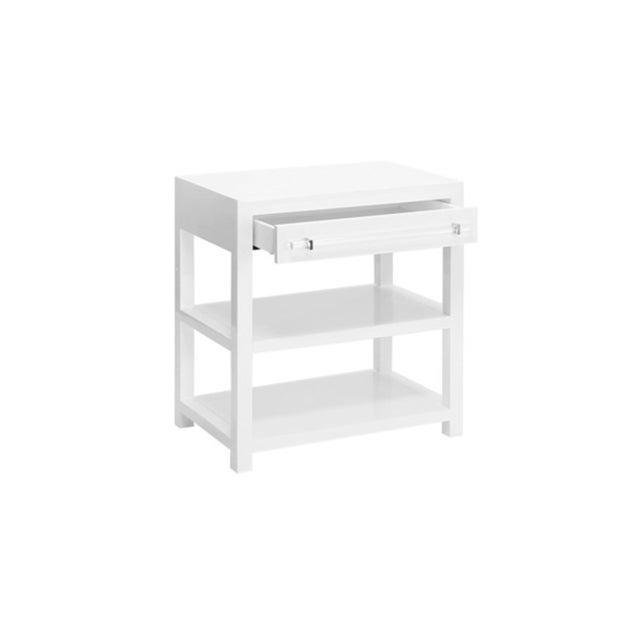 Worlds Away Matthew Izzo Home Garbo White Lacquer One Drawer Side Table With Two Open Shelves and Acrylic/Nickel Drawer Pull For Sale - Image 4 of 5