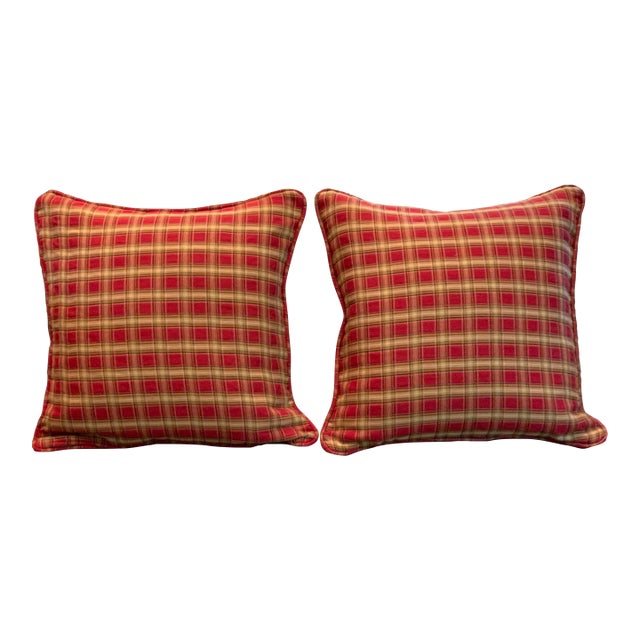 Red and Tan Cotton Plaid Duck Feather Fill Pillows - Set of 2 For Sale