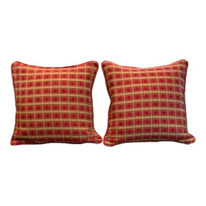 Red and Tan Cotton Plaid Duck Feather Fill Pillows - Set of 2