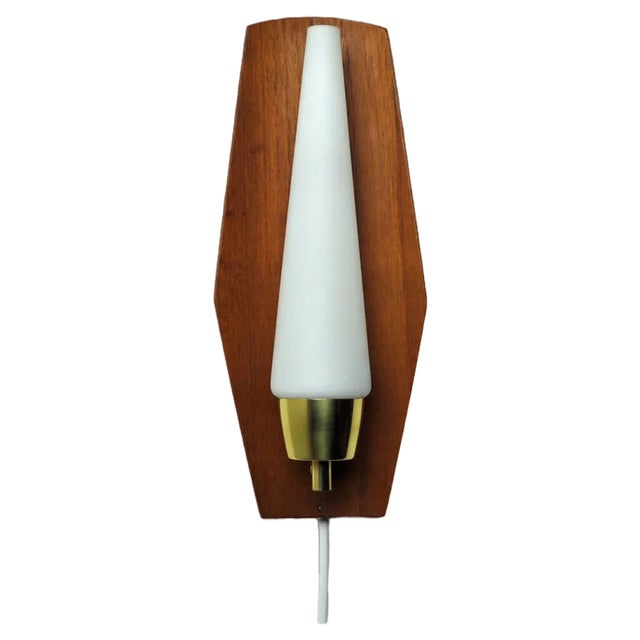 Scandinavian Modern Wall Light in Teak with Brass and Opaline Glass, Denmark, 1960s For Sale