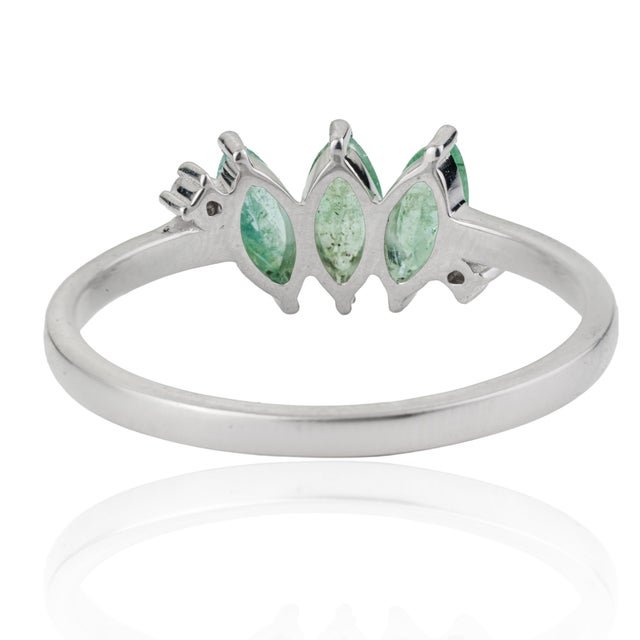 Metal Handmade Three Stone Marquise Emerald & Diamond Ring in 925 Silver Size 7.5 For Sale - Image 7 of 13