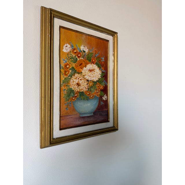 Mid-Century Modern 1980s Vintage J. Romero Floral Still Life Oil on Artist Board Painting, Gold Wood Framed For Sale - Image 3 of 13