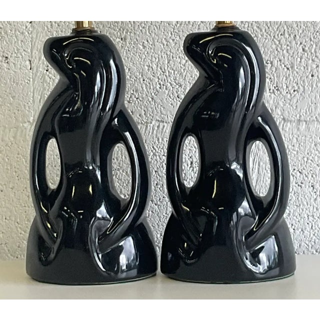 Midcentury Abstract Black Glazed Ceramic Boudoir Lamps - a Pair For Sale - Image 11 of 12