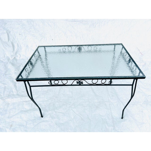 Mid-Century Modern 70's Midcentury Black Wrought Iron Outdoor Glass Top Table For Sale - Image 3 of 4